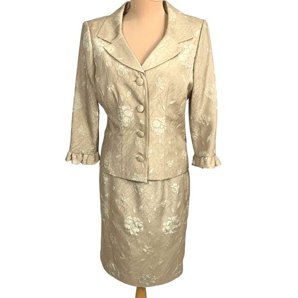 Gold Floral Brocade 2-PC Formal Skirt Suit Set Size 6 Mother of Bride Cocktail - Picture 1 of 8